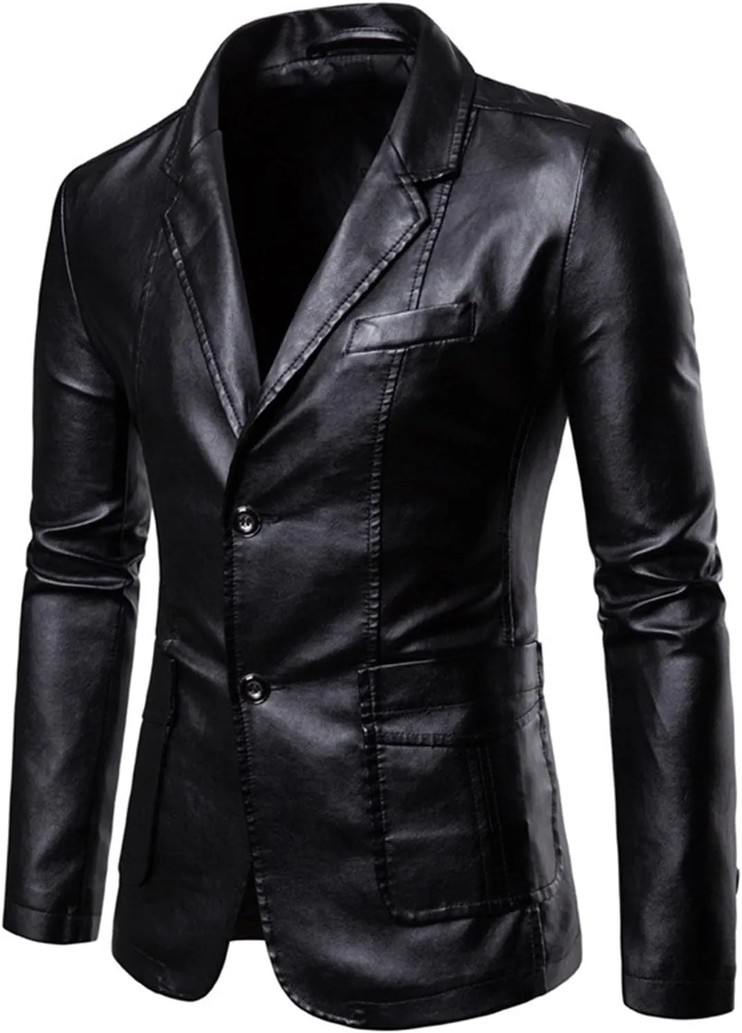 Men's Faux Leather Blazer Slim Fit Notched Lapel Formal Sports Coat Two Button Business Casual Solid Formal Jacket