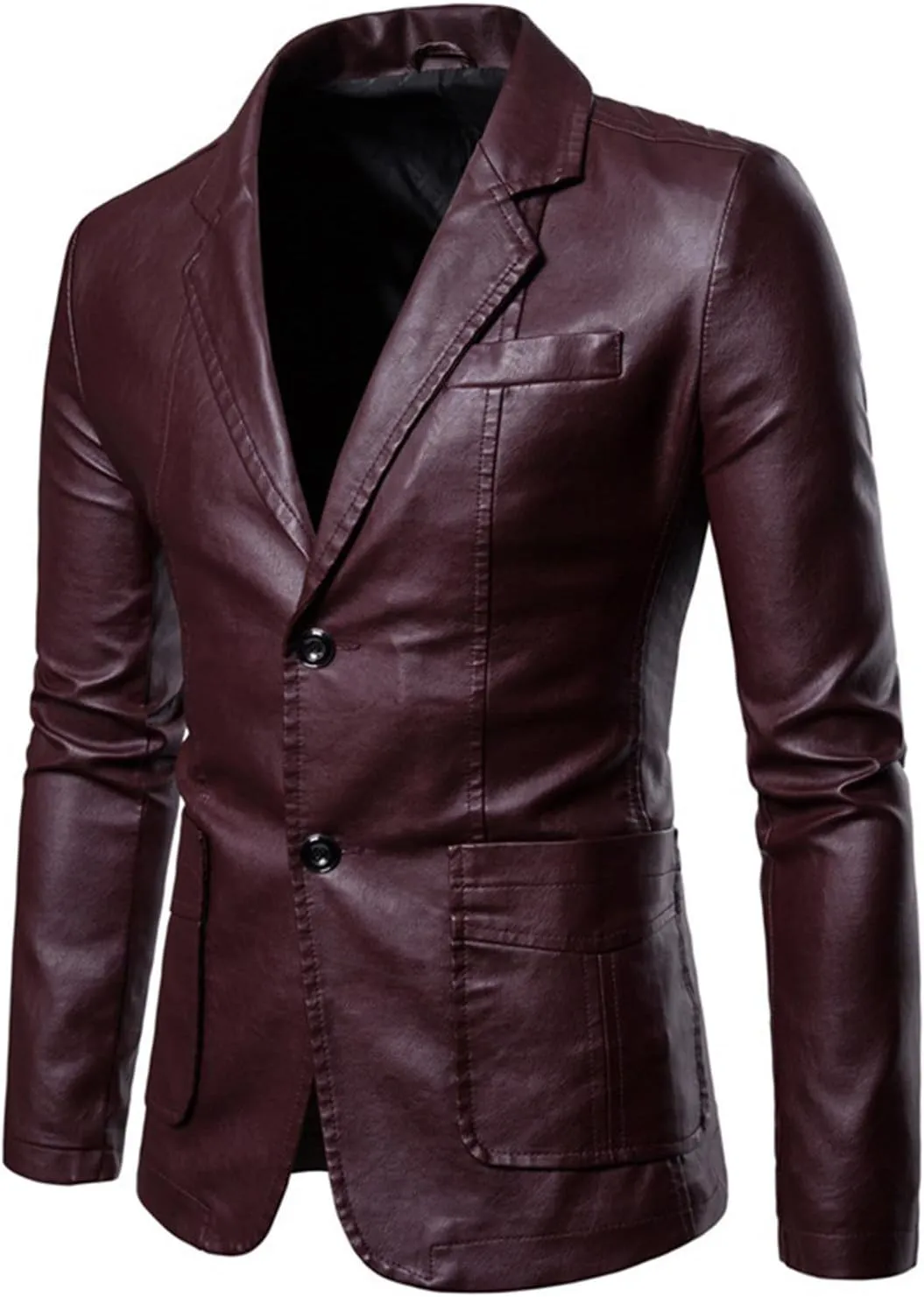 Men's Faux Leather Blazer Slim Fit Notched Lapel Formal Sports Coat Two Button Business Casual Solid Formal Jacket