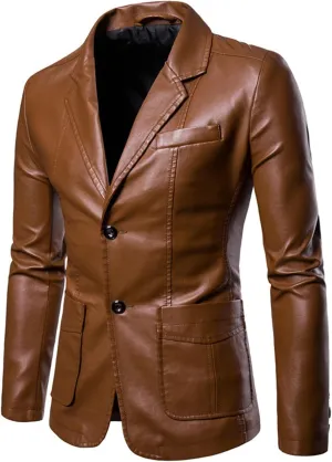 Men's Faux Leather Blazer Slim Fit Notched Lapel Formal Sports Coat Two Button Business Casual Solid Formal Jacket