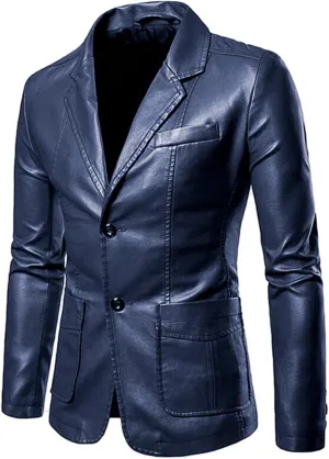 Men's Faux Leather Blazer Slim Fit Notched Lapel Formal Sports Coat Two Button Business Casual Solid Formal Jacket