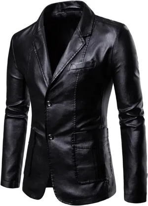 Men's Faux Leather Blazer Slim Fit Notched Lapel Formal Sports Coat Two Button Business Casual Solid Formal Jacket