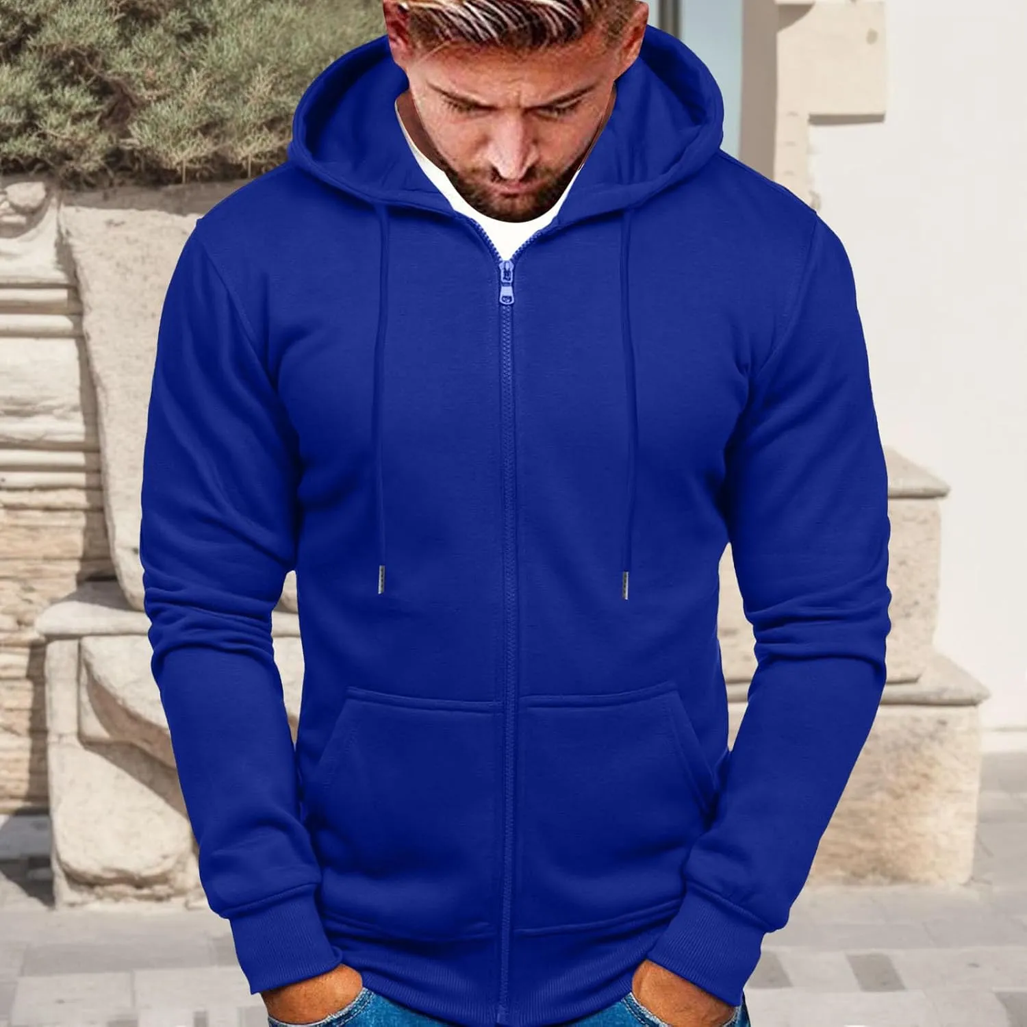 Mens Hoodies,Men's Slim Fit Long Sleeve Lightweight Zip-up Solid Hoodie with Kanga Pocket Hooded Sweatshirts Sweaters