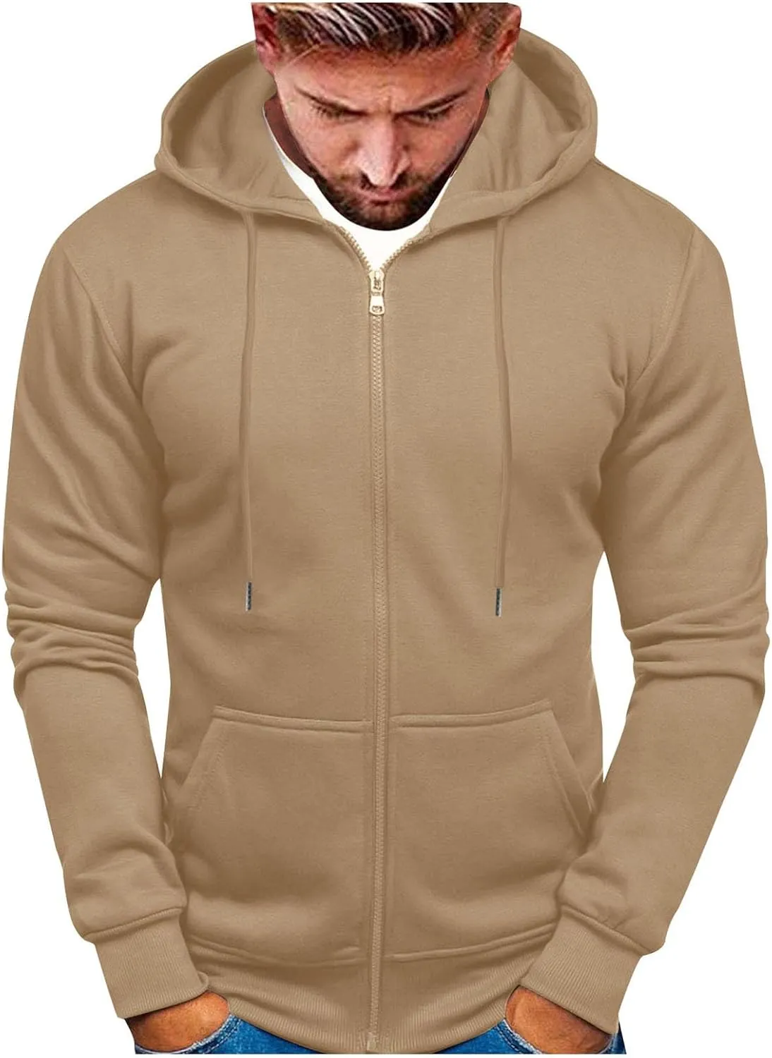 Mens Hoodies,Men's Slim Fit Long Sleeve Lightweight Zip-up Solid Hoodie with Kanga Pocket Hooded Sweatshirts Sweaters