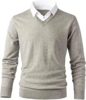 Men's Knit Sweater Fashion Pullover Soft Touch V-Neck Sweatshirt Top with Plaid or White Mock Shirt Collar