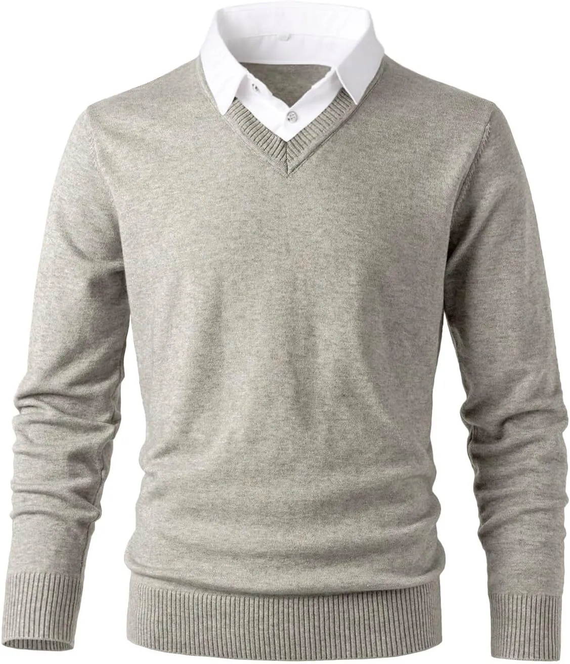 Men's Knit Sweater Fashion Pullover Soft Touch V-Neck Sweatshirt Top with Plaid or White Mock Shirt Collar