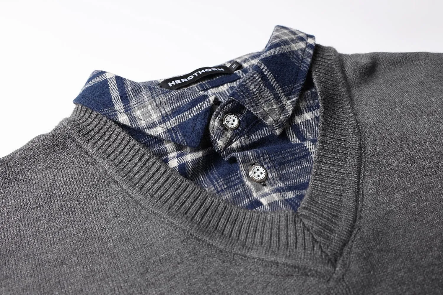 Men's Knit Sweater Fashion Pullover Soft Touch V-Neck Sweatshirt Top with Plaid or White Mock Shirt Collar