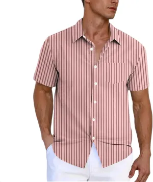 Men's Stripe Chambray Short Sleeve Button-Down Shirt, Wrinkle Resistant, Lapel Collar, Breathable Soft Comfy Shirts