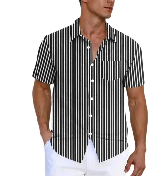 Men's Stripe Chambray Short Sleeve Button-Down Shirt, Wrinkle Resistant, Lapel Collar, Breathable Soft Comfy Shirts