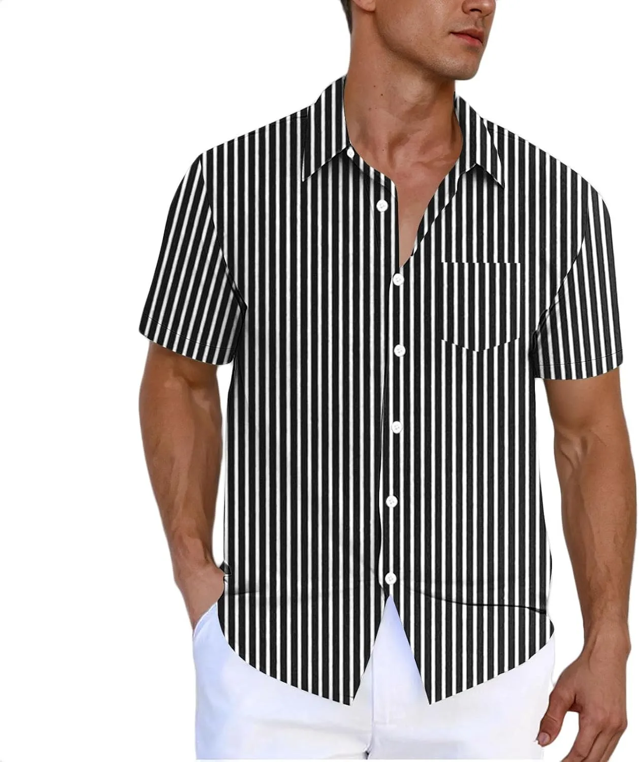 Men's Stripe Chambray Short Sleeve Button-Down Shirt, Wrinkle Resistant, Lapel Collar, Breathable Soft Comfy Shirts