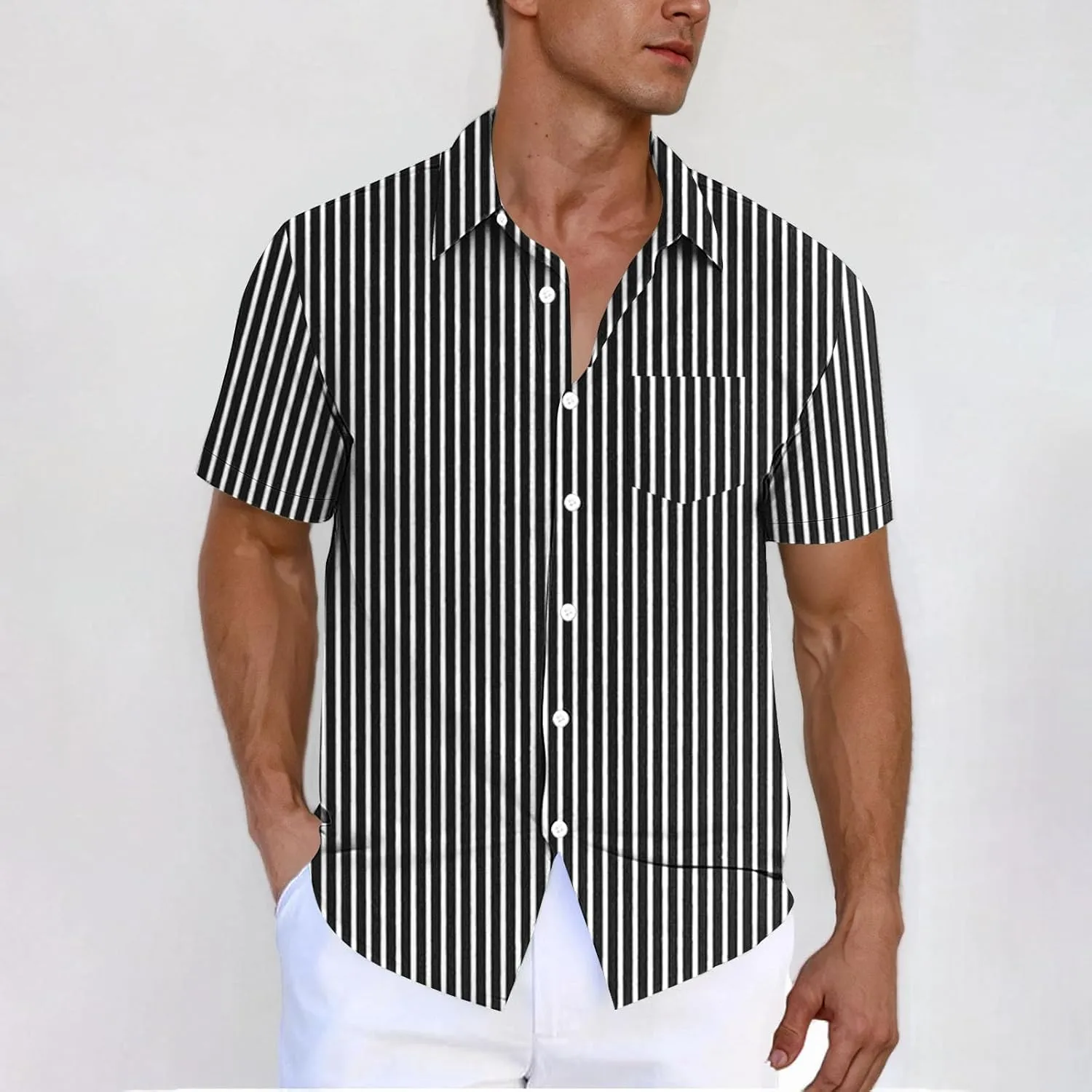 Men's Stripe Chambray Short Sleeve Button-Down Shirt, Wrinkle Resistant, Lapel Collar, Breathable Soft Comfy Shirts