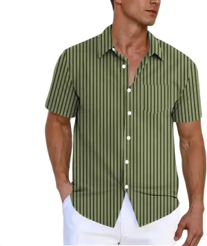 Men's Stripe Chambray Short Sleeve Button-Down Shirt, Wrinkle Resistant, Lapel Collar, Breathable Soft Comfy Shirts