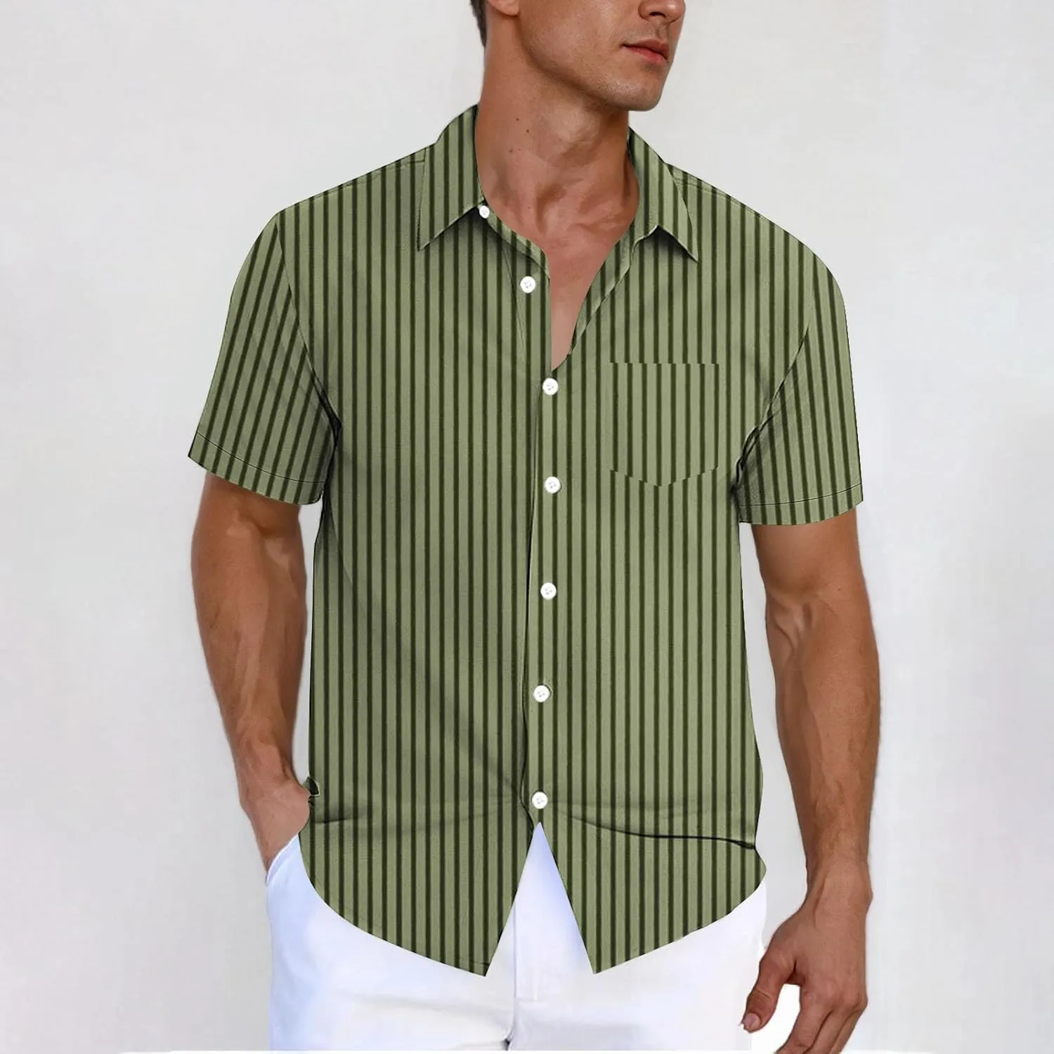 Men's Stripe Chambray Short Sleeve Button-Down Shirt, Wrinkle Resistant, Lapel Collar, Breathable Soft Comfy Shirts