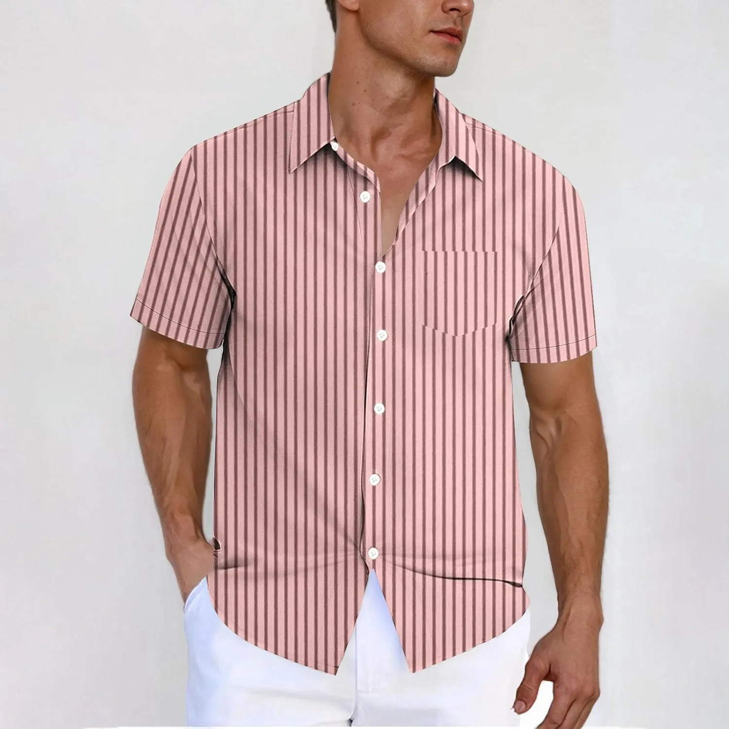 Men's Stripe Chambray Short Sleeve Button-Down Shirt, Wrinkle Resistant, Lapel Collar, Breathable Soft Comfy Shirts