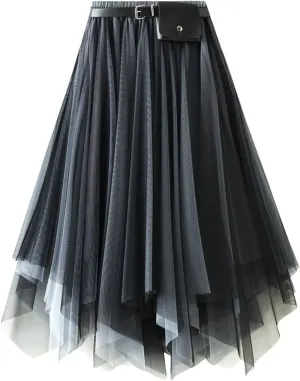 Mesh Layered Midi Irregular Tulle Skirt Women Summer High Waist Up Party Petticoat Skirt Women's Elegant Tutu