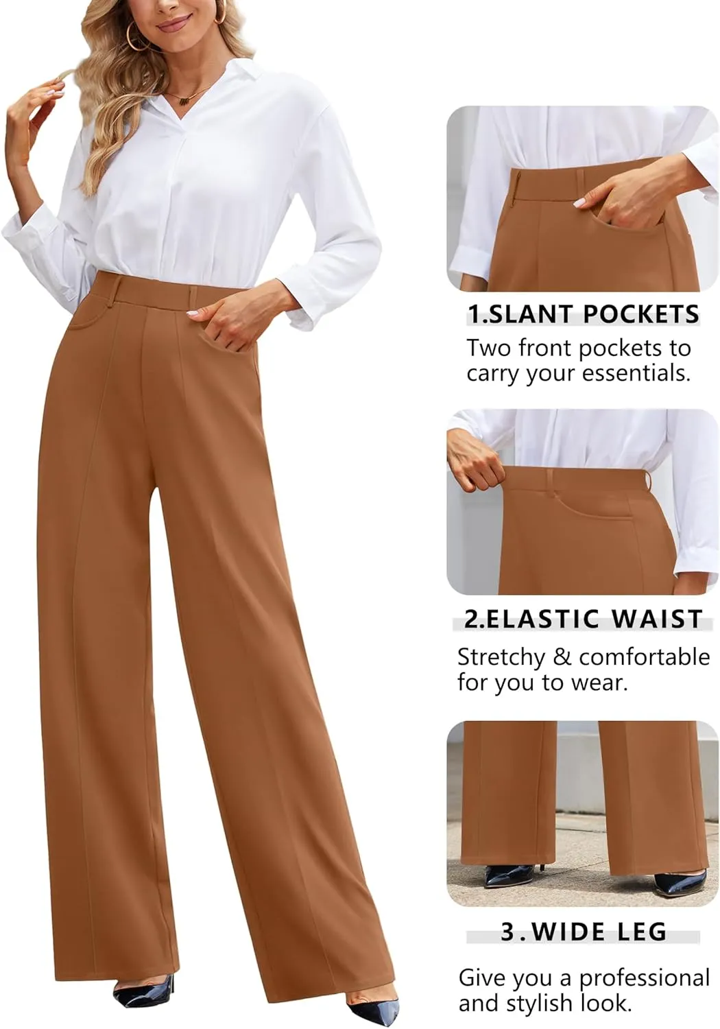 Narcissus Wide Leg Pants Trousers Pants for Women with Belt Loops Work Pants Women High Waisted Slacks for Office Wear