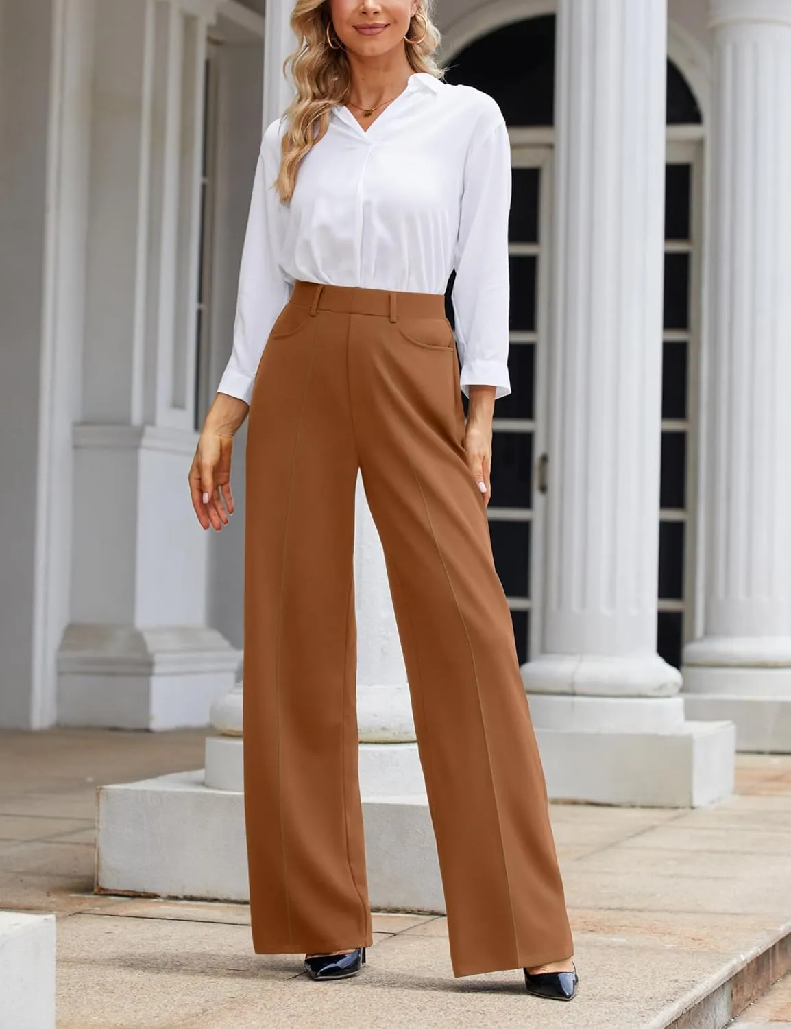 Narcissus Wide Leg Pants Trousers Pants for Women with Belt Loops Work Pants Women High Waisted Slacks for Office Wear