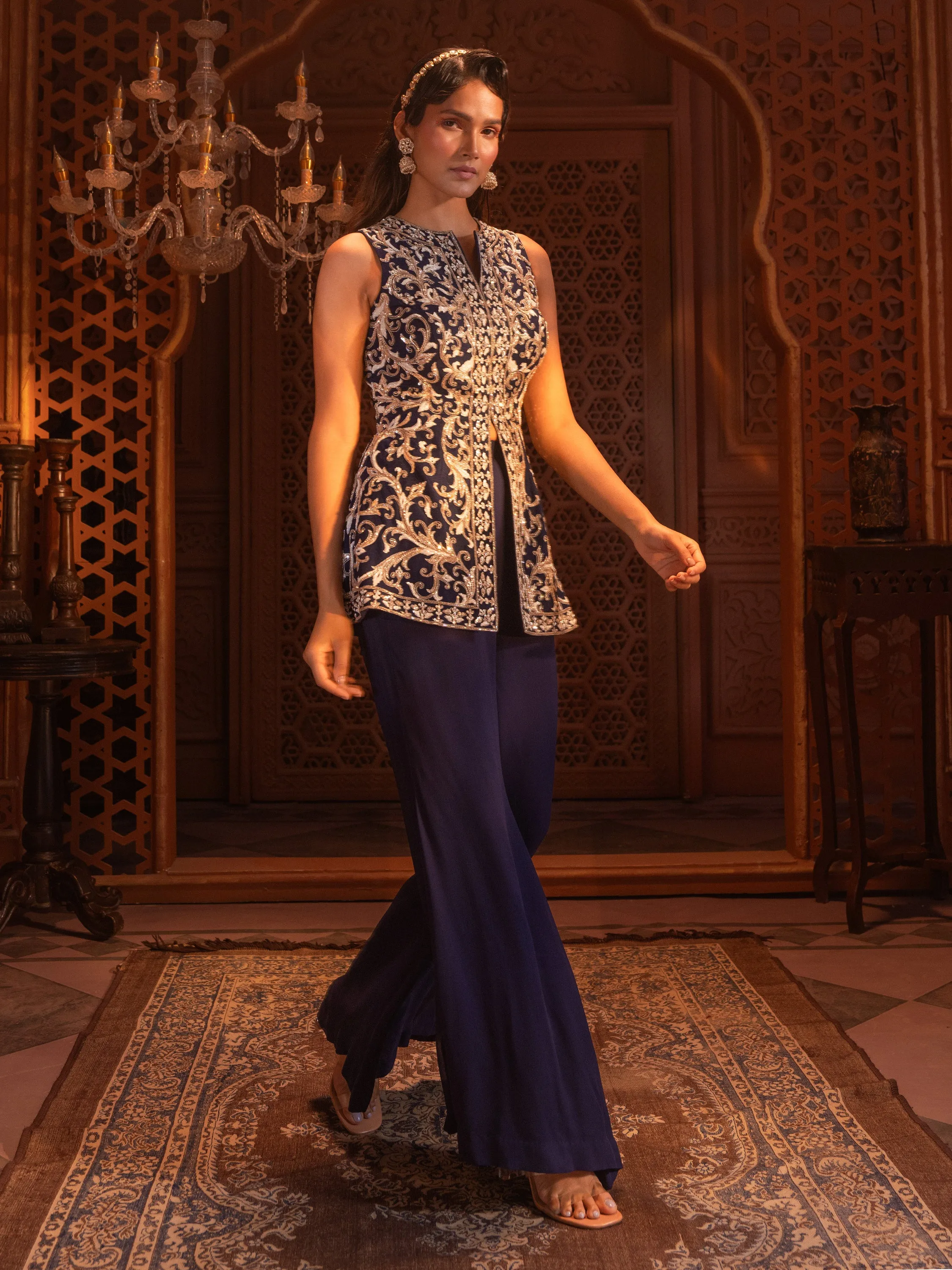Navy Embroidered Peplum Jacket Set
