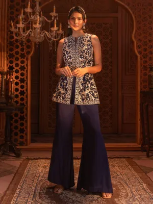 Navy Embroidered Peplum Jacket Set