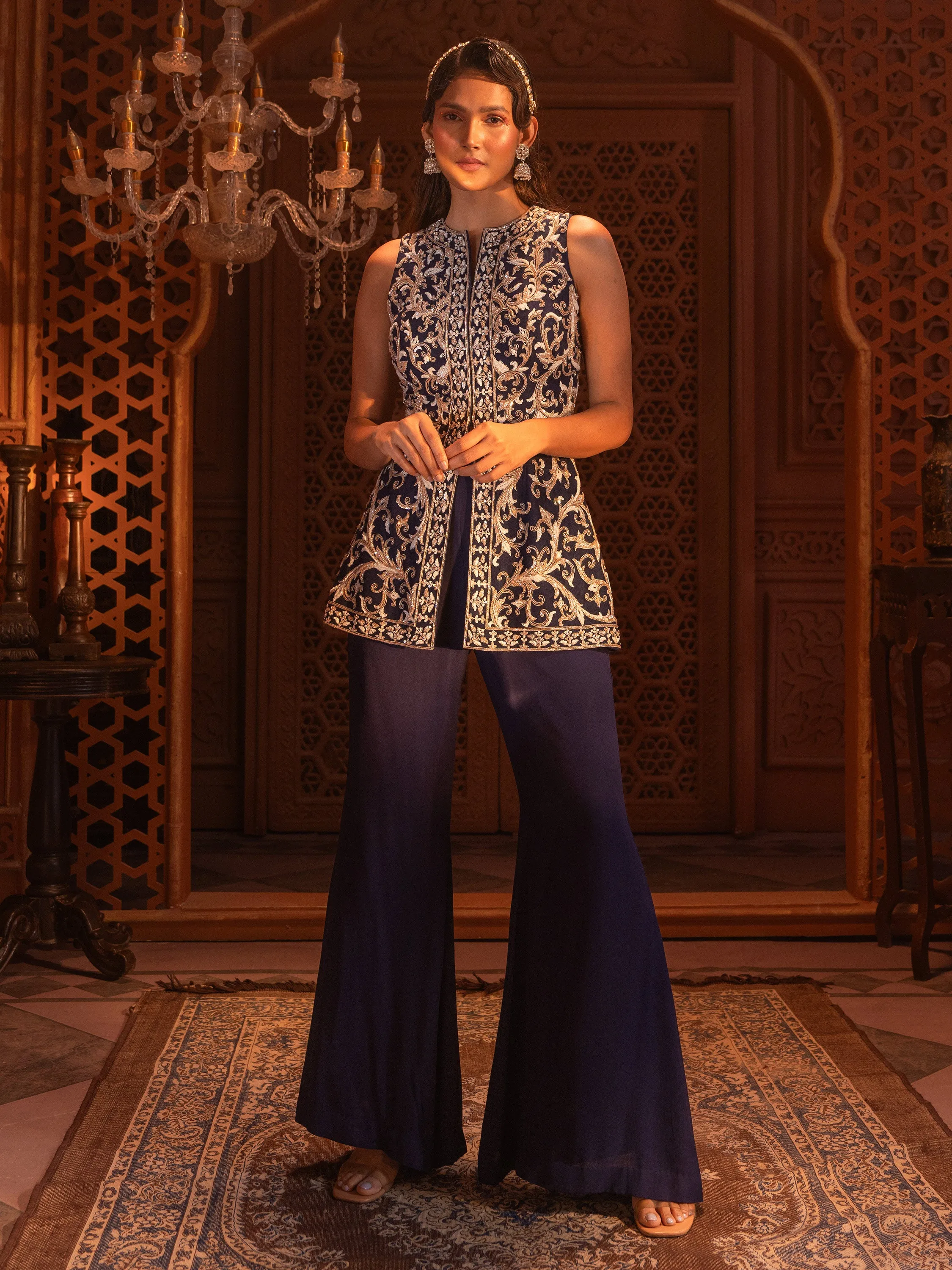Navy Embroidered Peplum Jacket Set