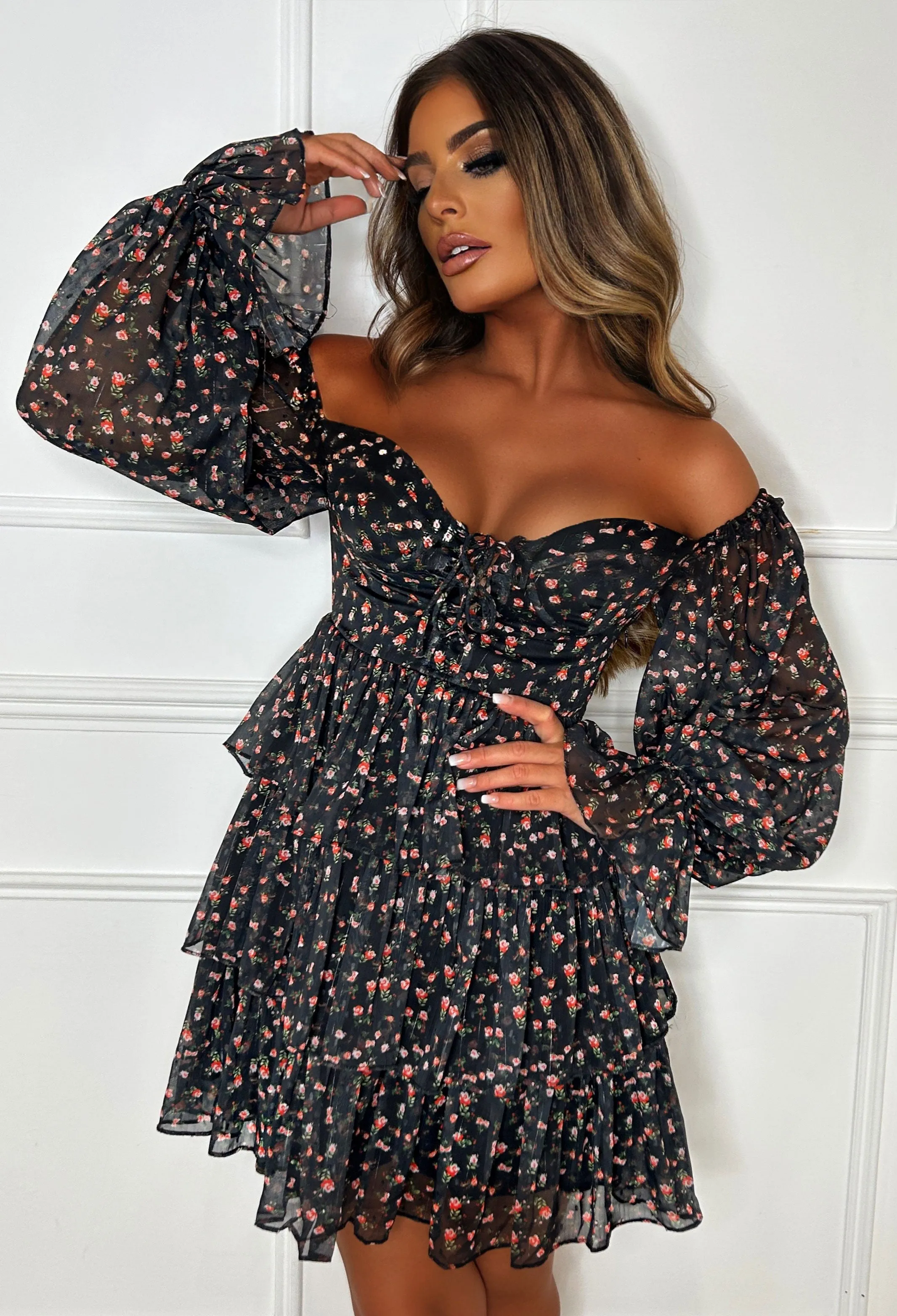 Night Blossom Black Frilled Floral Mini Dress