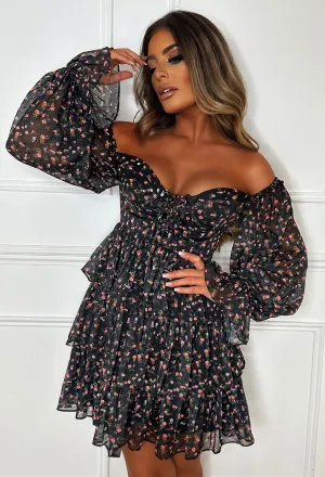 Night Blossom Black Frilled Floral Mini Dress