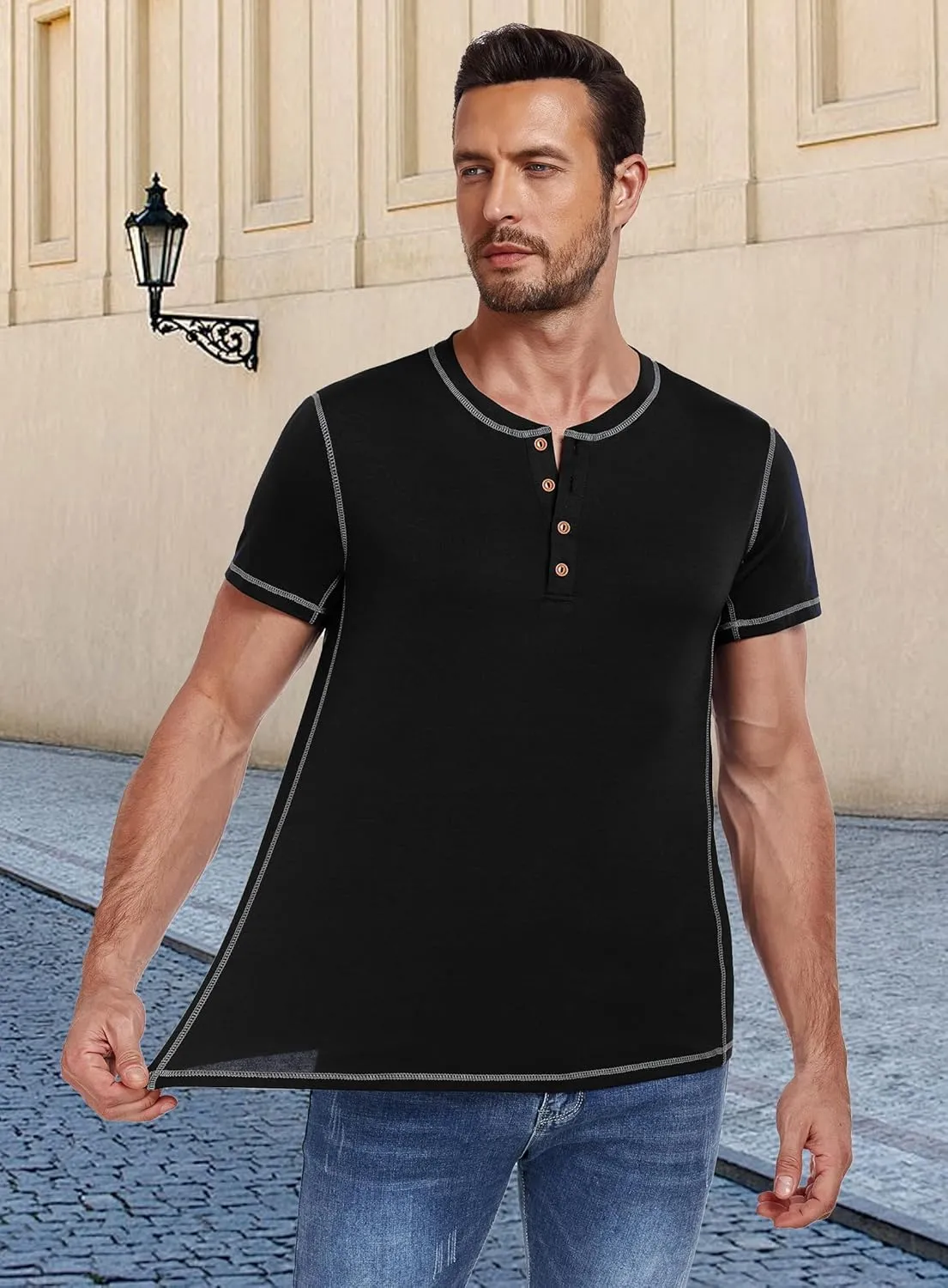 PEGENO Mens Fashion Henley Short Sleeve T-Shirt Casual Shirt Contrast Stitching Tees Tops