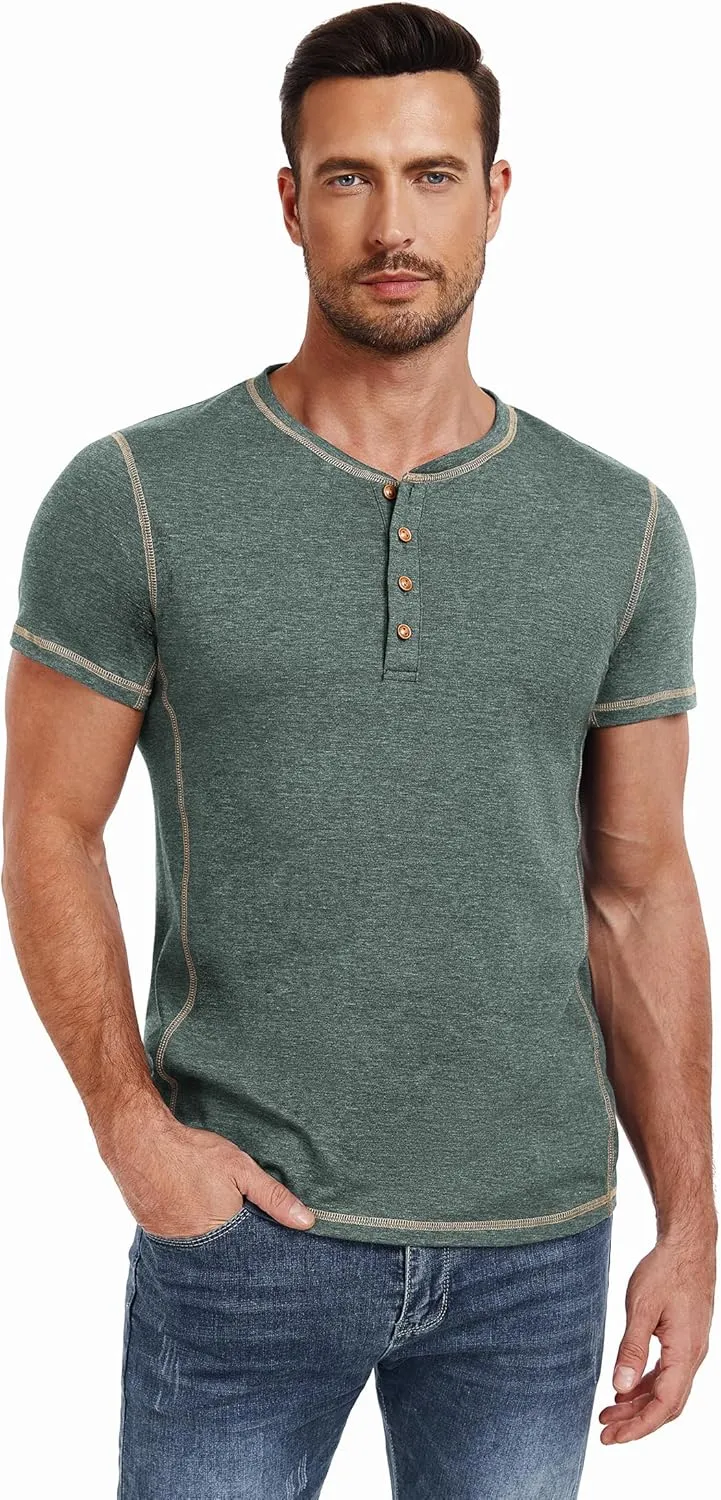 PEGENO Mens Fashion Henley Short Sleeve T-Shirt Casual Shirt Contrast Stitching Tees Tops