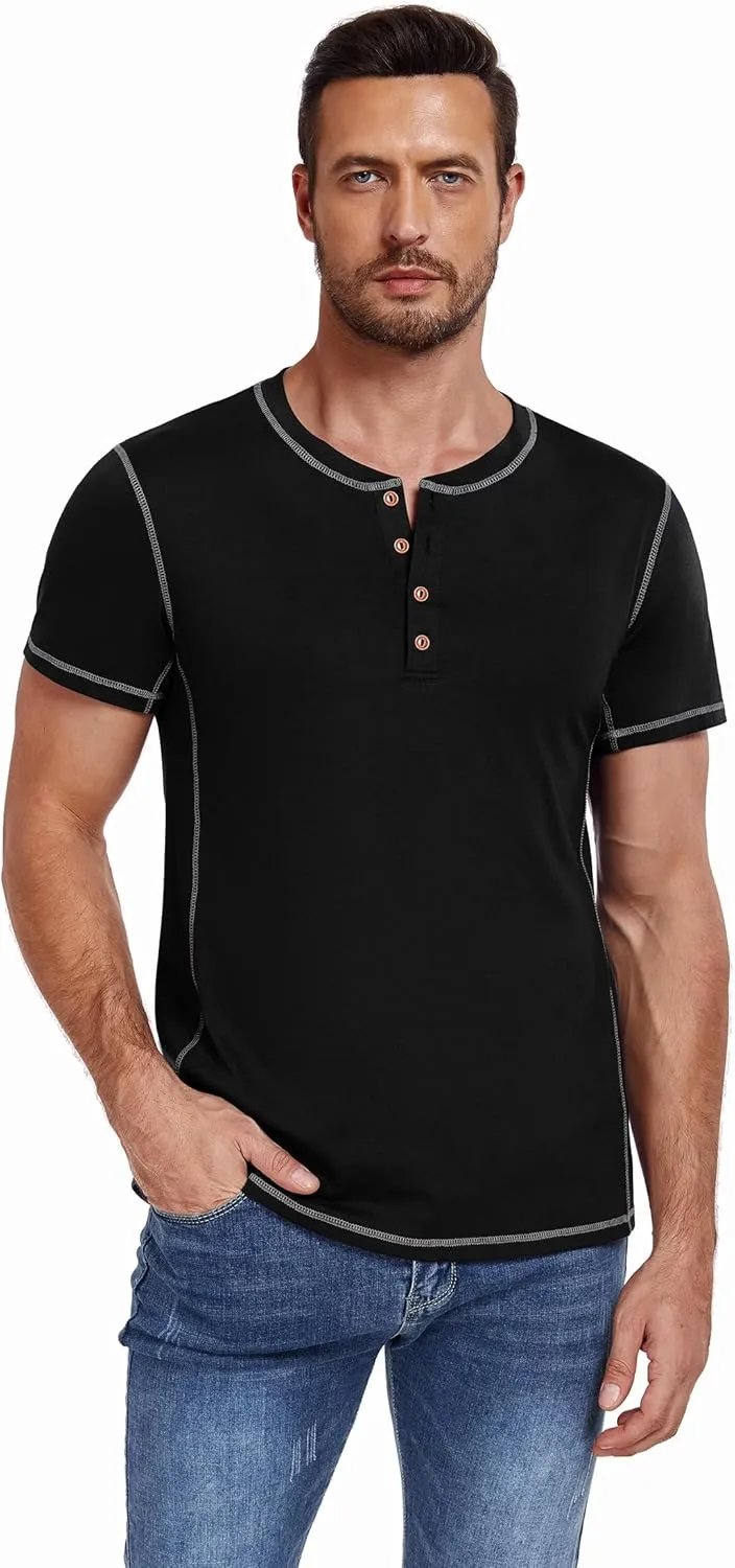 PEGENO Mens Fashion Henley Short Sleeve T-Shirt Casual Shirt Contrast Stitching Tees Tops