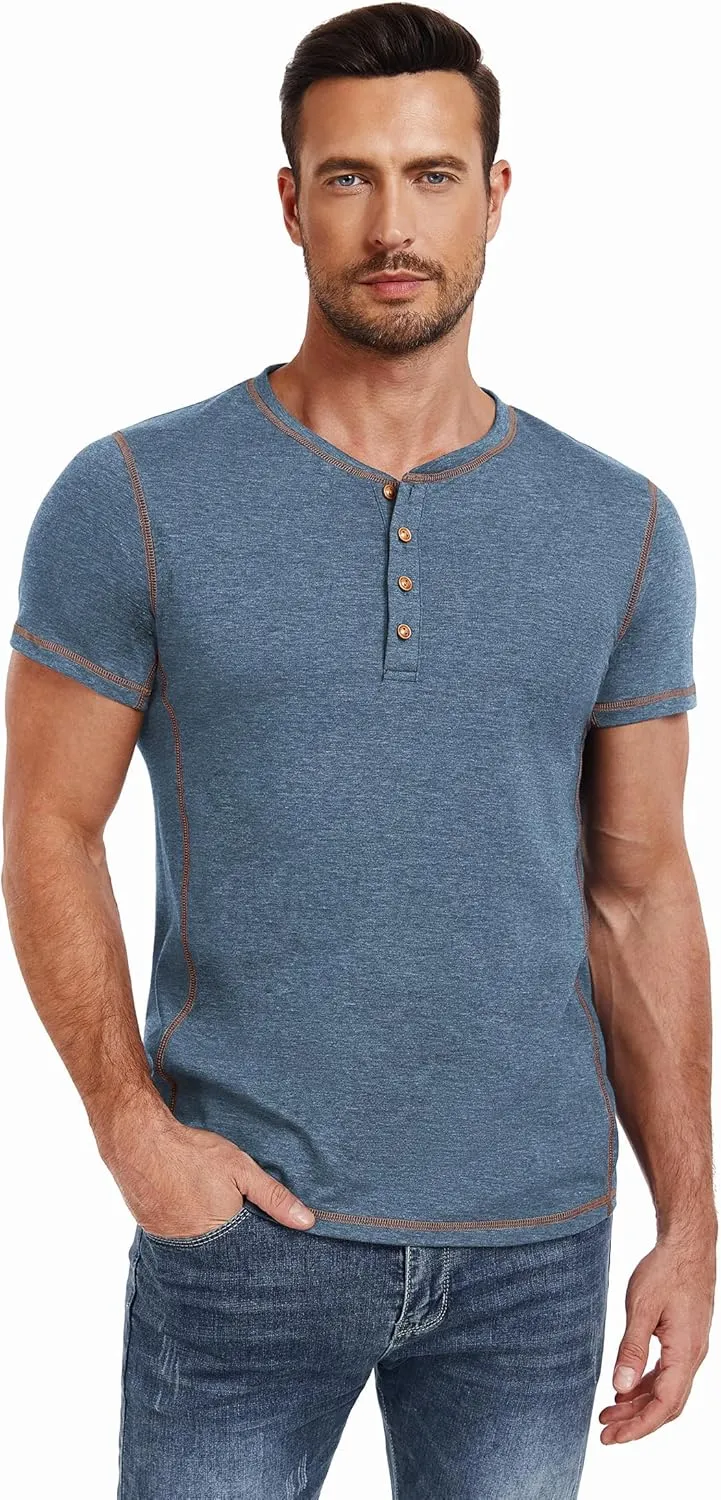 PEGENO Mens Fashion Henley Short Sleeve T-Shirt Casual Shirt Contrast Stitching Tees Tops
