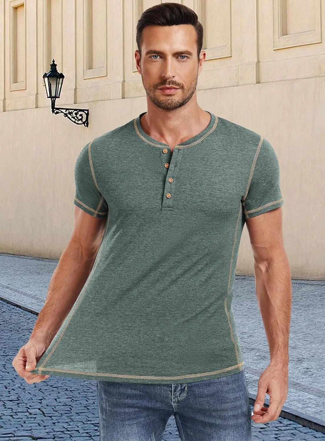 PEGENO Mens Fashion Henley Short Sleeve T-Shirt Casual Shirt Contrast Stitching Tees Tops