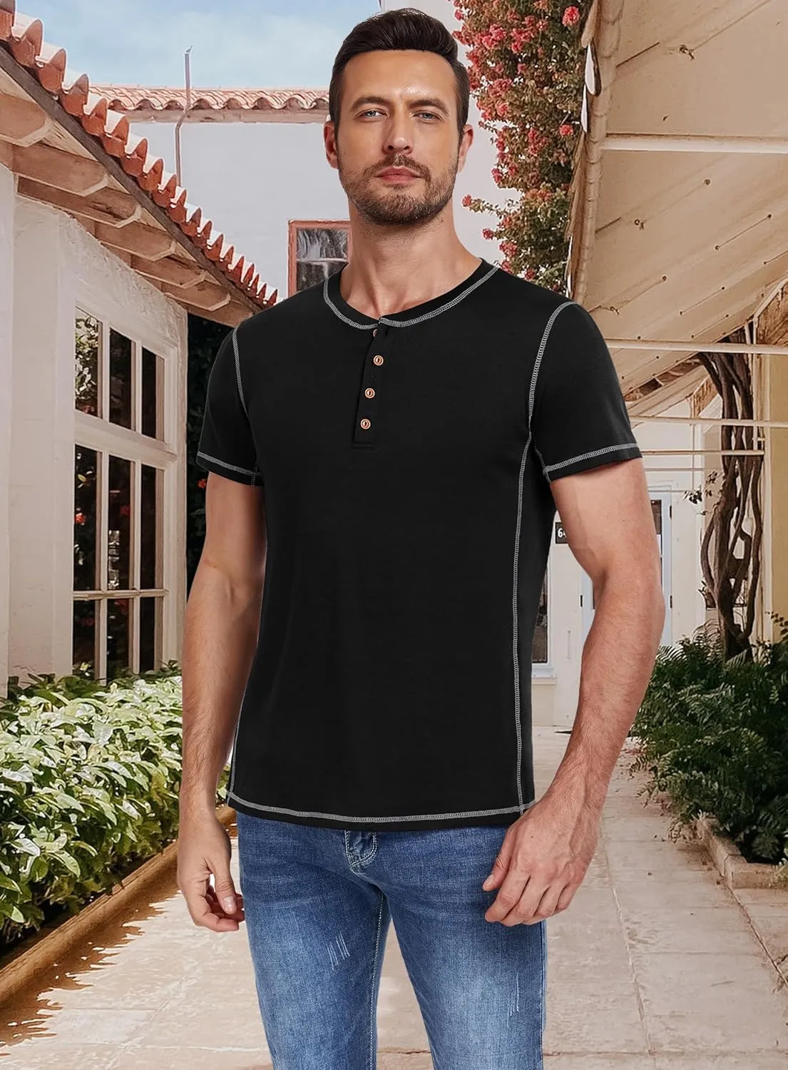 PEGENO Mens Fashion Henley Short Sleeve T-Shirt Casual Shirt Contrast Stitching Tees Tops