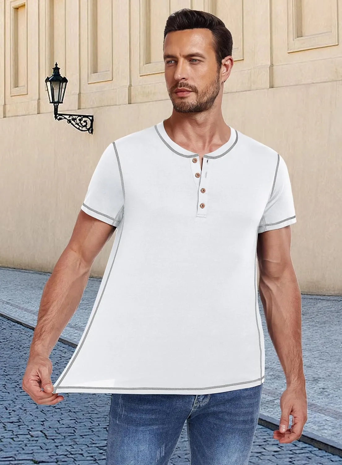 PEGENO Mens Fashion Henley Short Sleeve T-Shirt Casual Shirt Contrast Stitching Tees Tops