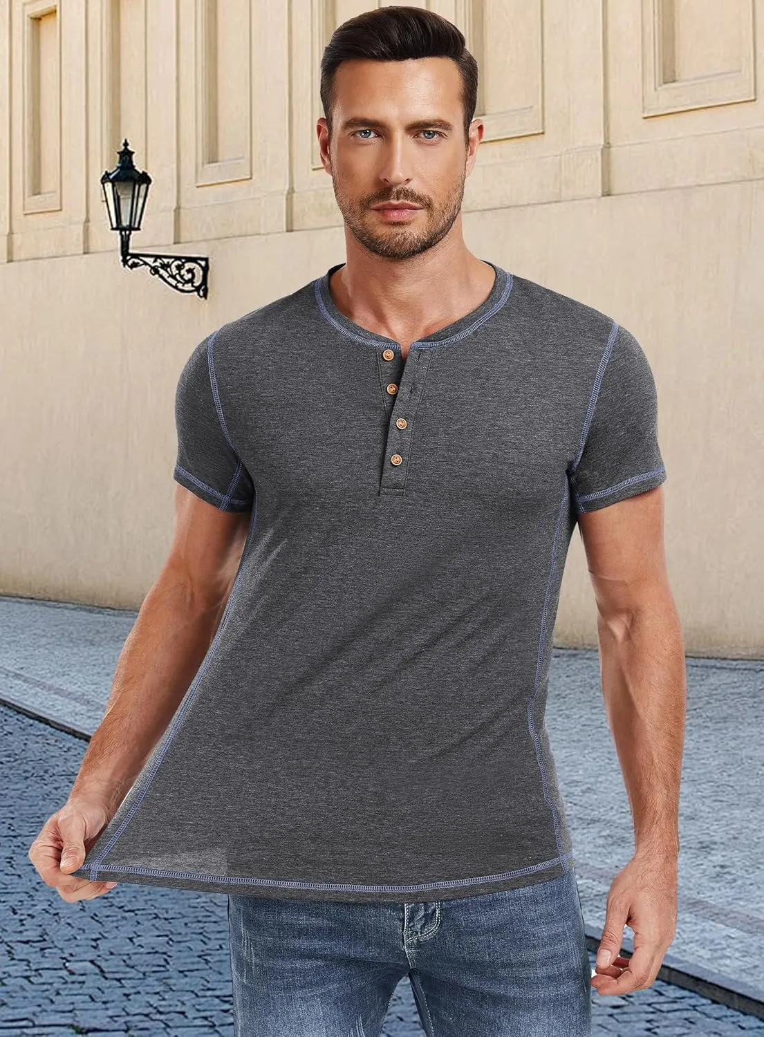 PEGENO Mens Fashion Henley Short Sleeve T-Shirt Casual Shirt Contrast Stitching Tees Tops