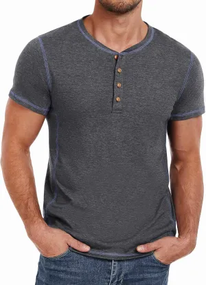 PEGENO Mens Fashion Henley Short Sleeve T-Shirt Casual Shirt Contrast Stitching Tees Tops