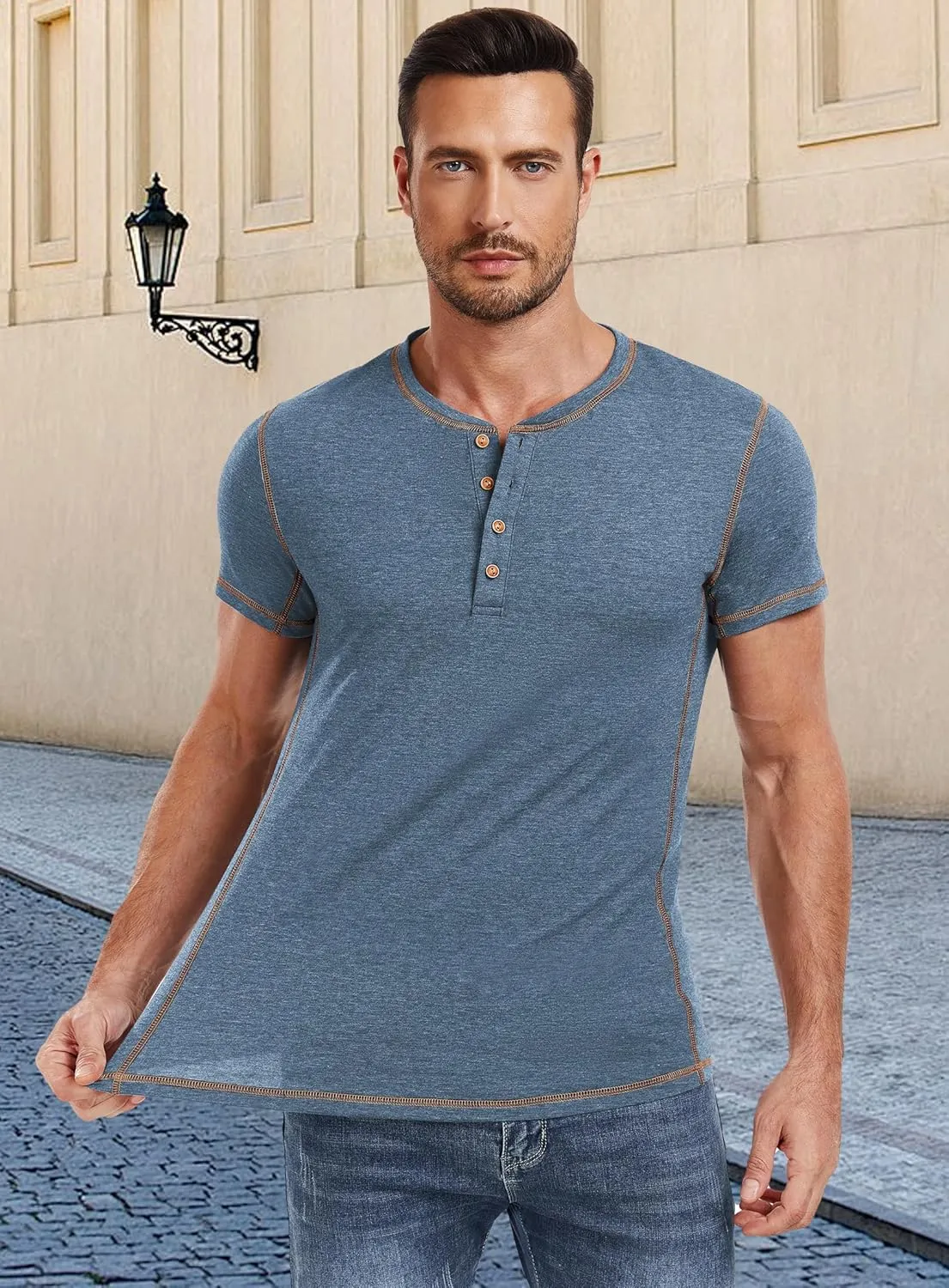 PEGENO Mens Fashion Henley Short Sleeve T-Shirt Casual Shirt Contrast Stitching Tees Tops