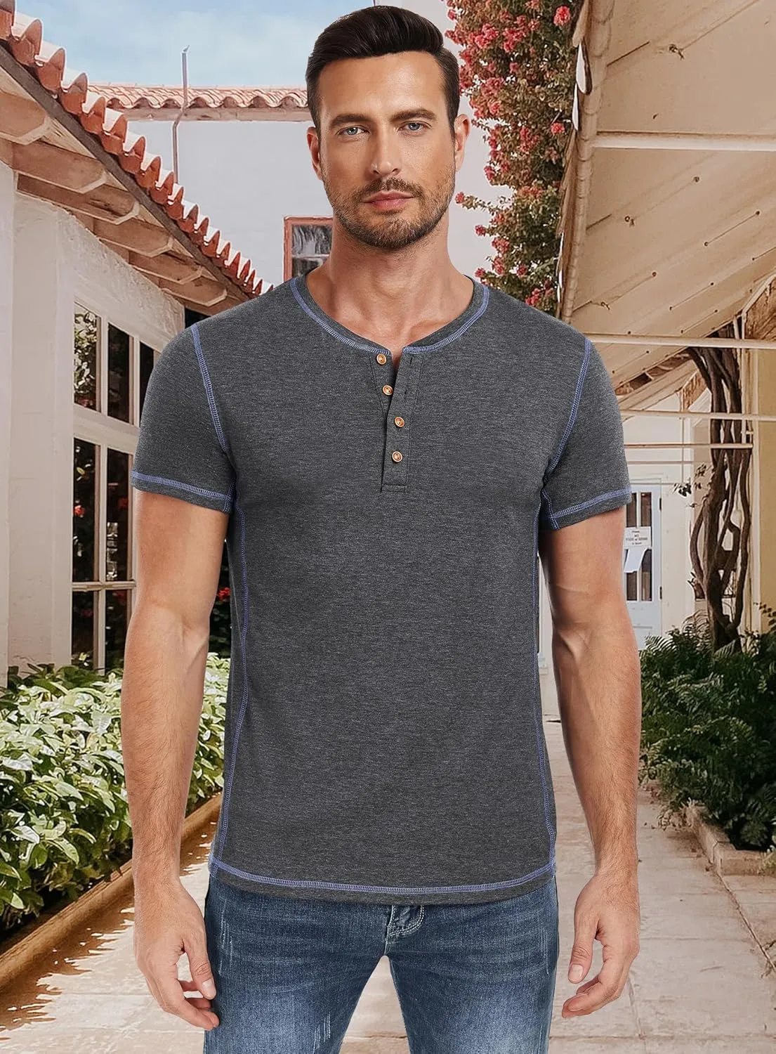 PEGENO Mens Fashion Henley Short Sleeve T-Shirt Casual Shirt Contrast Stitching Tees Tops