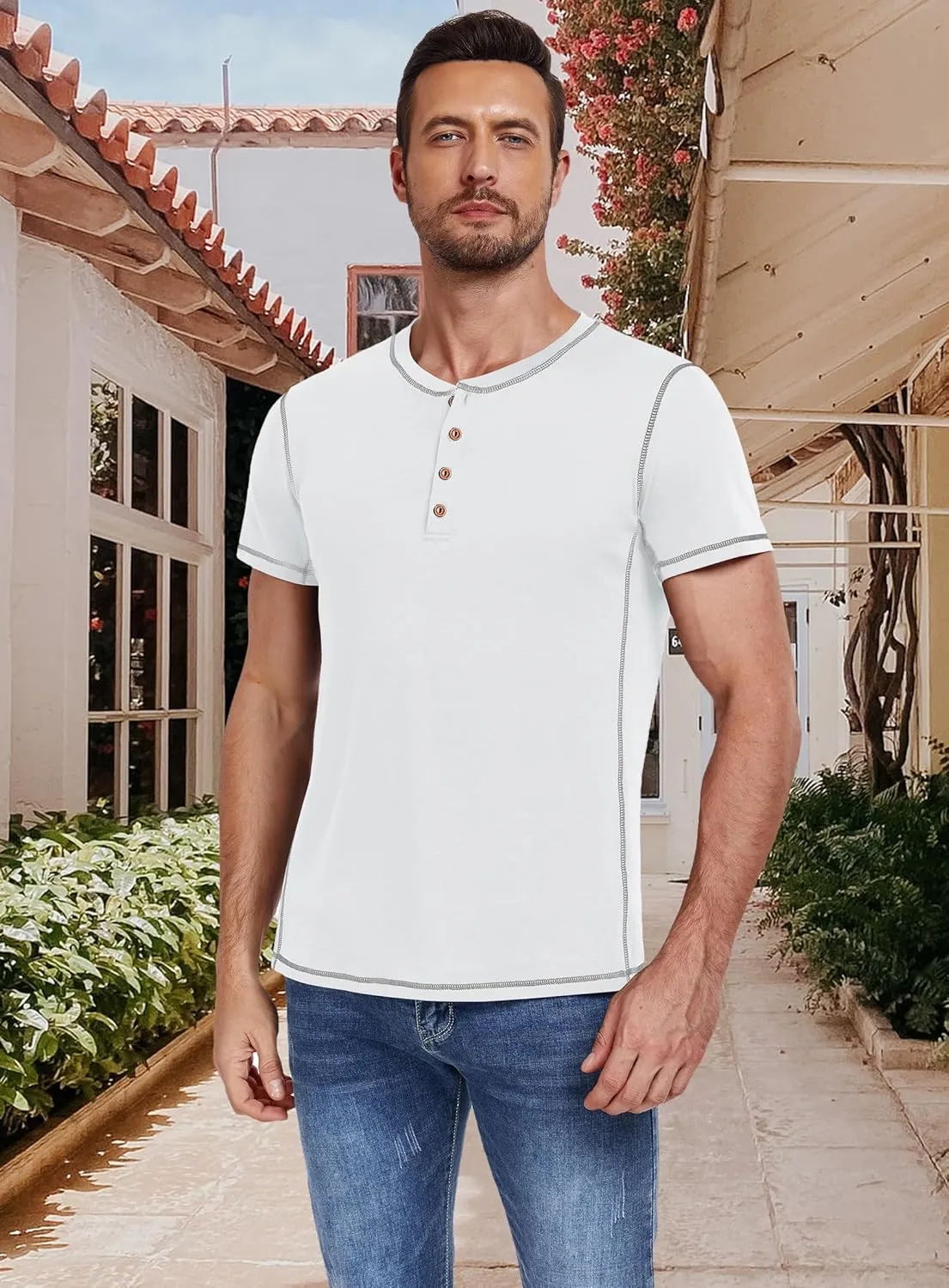 PEGENO Mens Fashion Henley Short Sleeve T-Shirt Casual Shirt Contrast Stitching Tees Tops