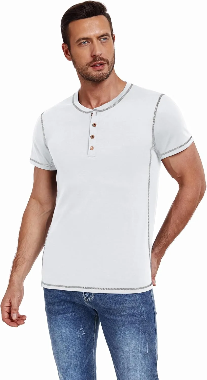 PEGENO Mens Fashion Henley Short Sleeve T-Shirt Casual Shirt Contrast Stitching Tees Tops