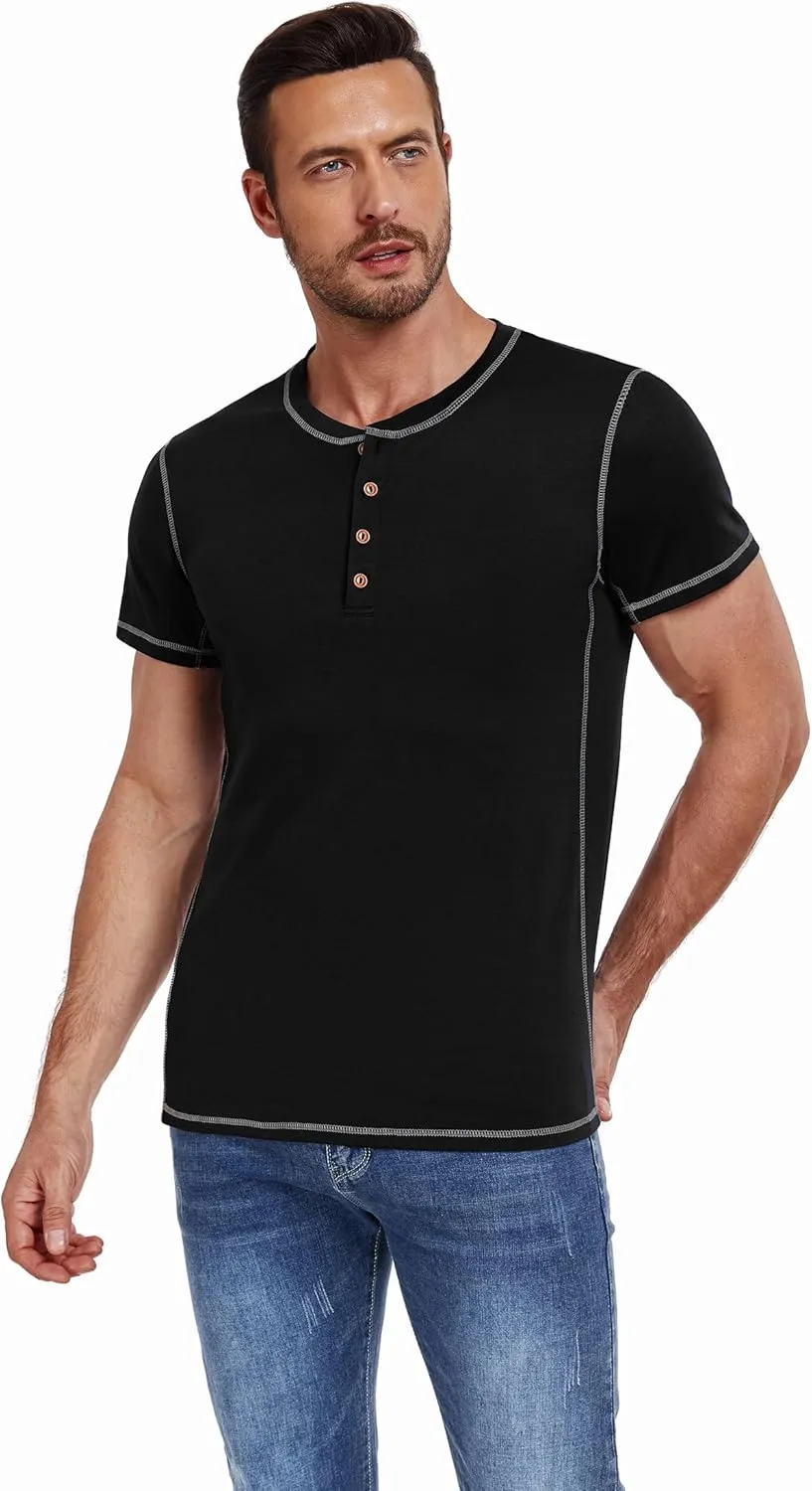 PEGENO Mens Fashion Henley Short Sleeve T-Shirt Casual Shirt Contrast Stitching Tees Tops