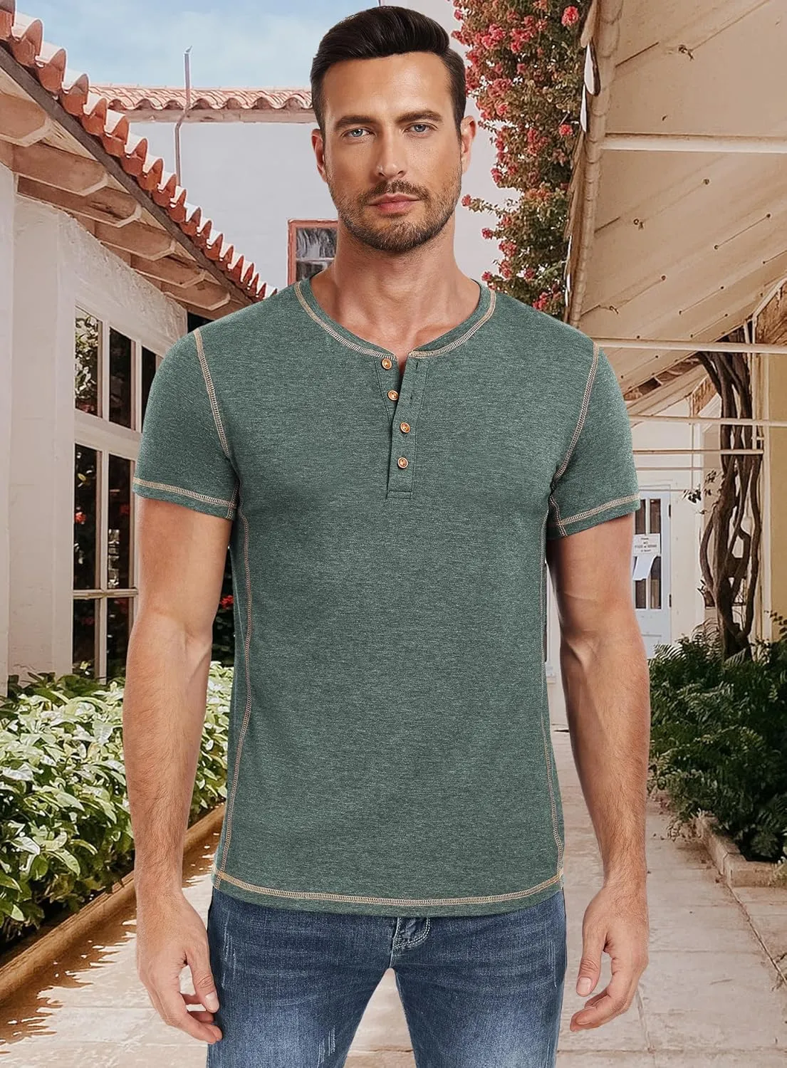 PEGENO Mens Fashion Henley Short Sleeve T-Shirt Casual Shirt Contrast Stitching Tees Tops