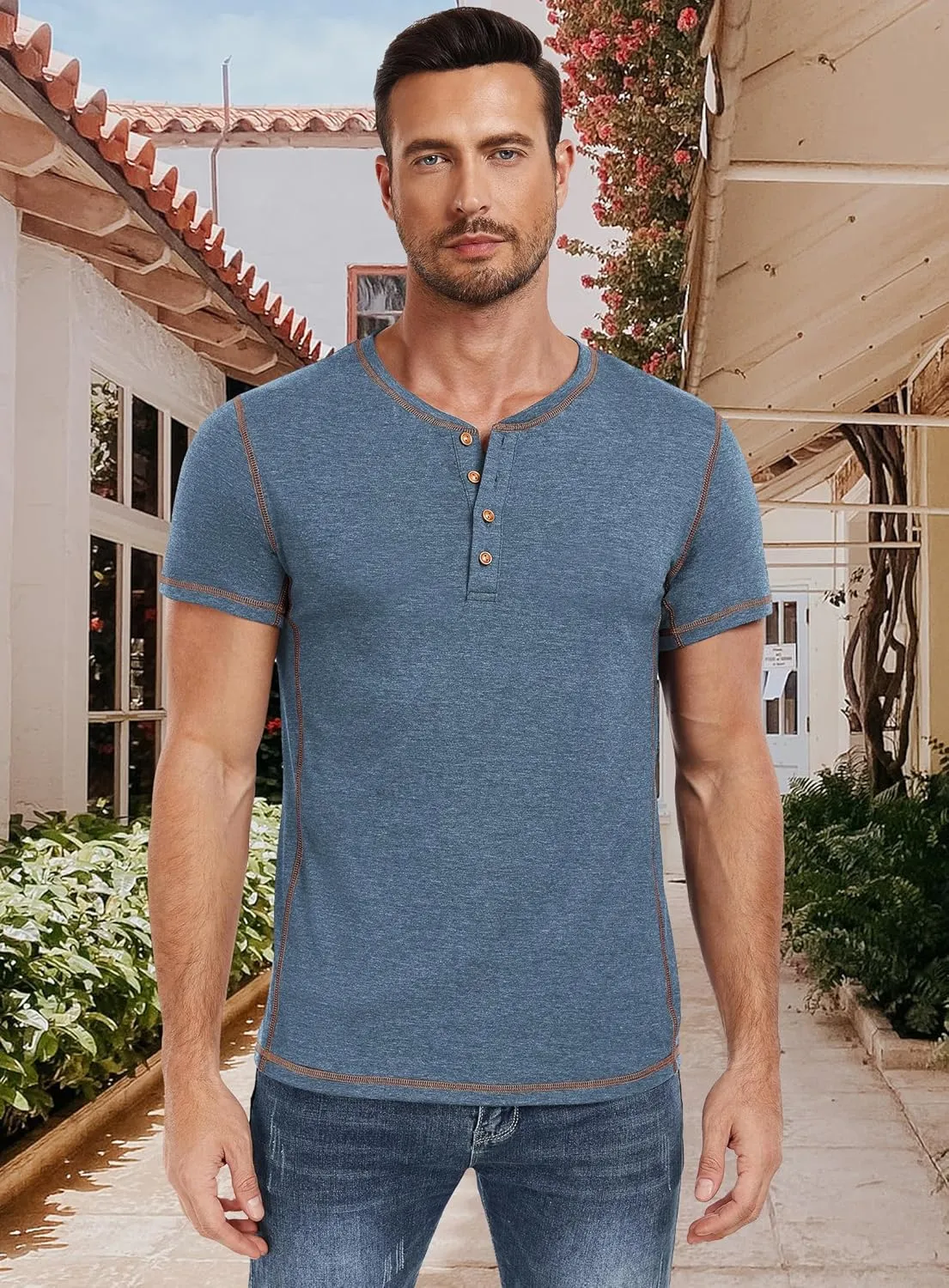 PEGENO Mens Fashion Henley Short Sleeve T-Shirt Casual Shirt Contrast Stitching Tees Tops