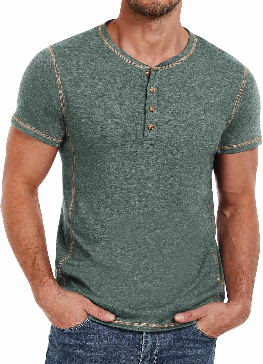 PEGENO Mens Fashion Henley Short Sleeve T-Shirt Casual Shirt Contrast Stitching Tees Tops