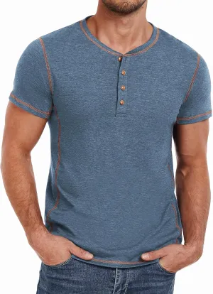 PEGENO Mens Fashion Henley Short Sleeve T-Shirt Casual Shirt Contrast Stitching Tees Tops