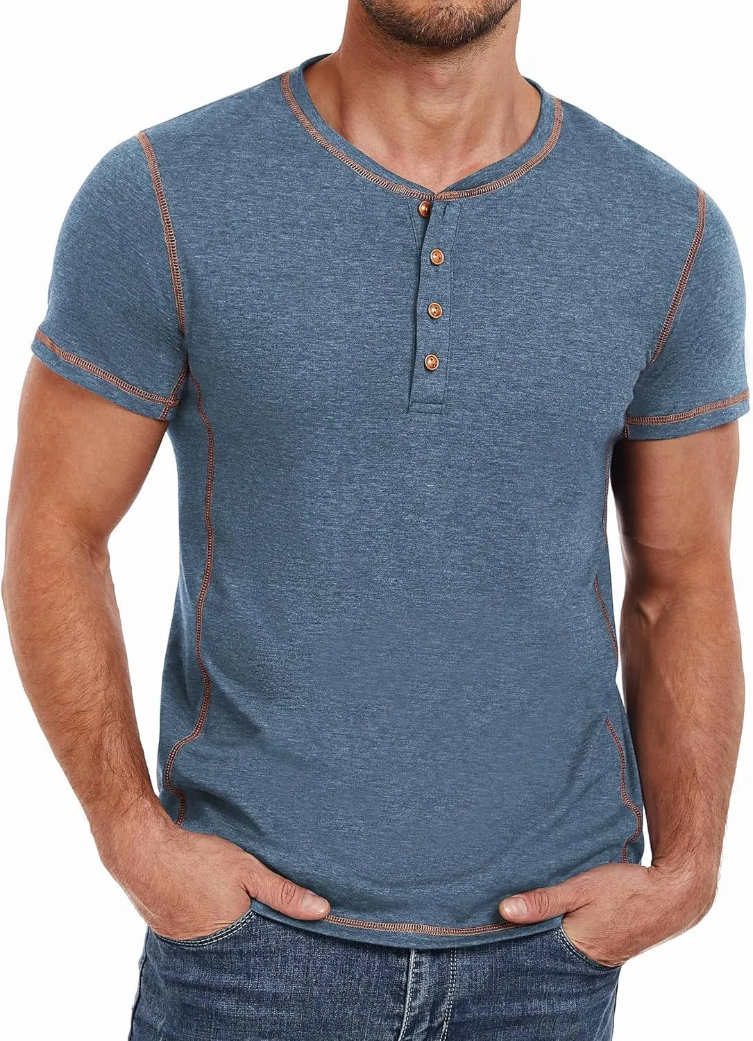 PEGENO Mens Fashion Henley Short Sleeve T-Shirt Casual Shirt Contrast Stitching Tees Tops