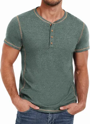 PEGENO Mens Fashion Henley Short Sleeve T-Shirt Casual Shirt Contrast Stitching Tees Tops