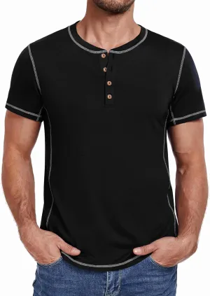 PEGENO Mens Fashion Henley Short Sleeve T-Shirt Casual Shirt Contrast Stitching Tees Tops