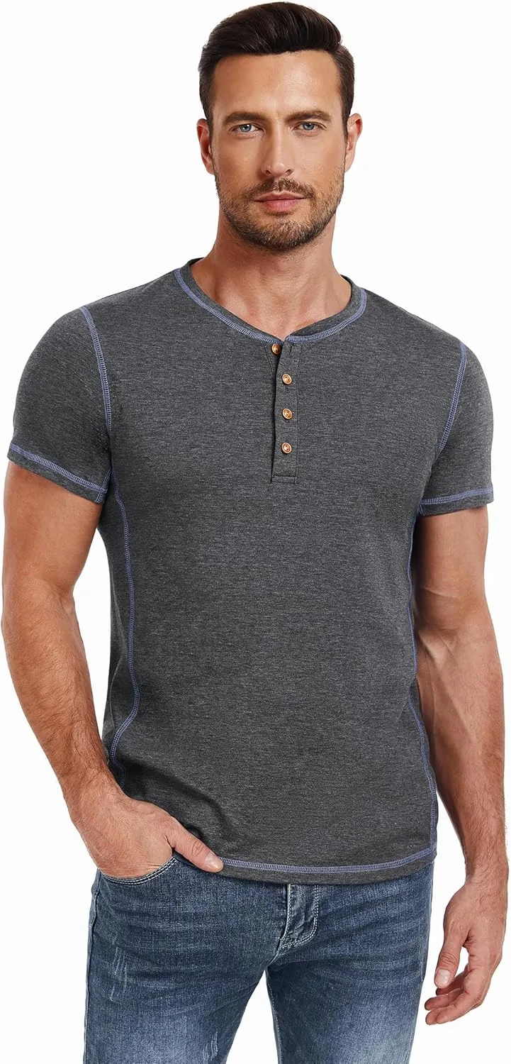 PEGENO Mens Fashion Henley Short Sleeve T-Shirt Casual Shirt Contrast Stitching Tees Tops