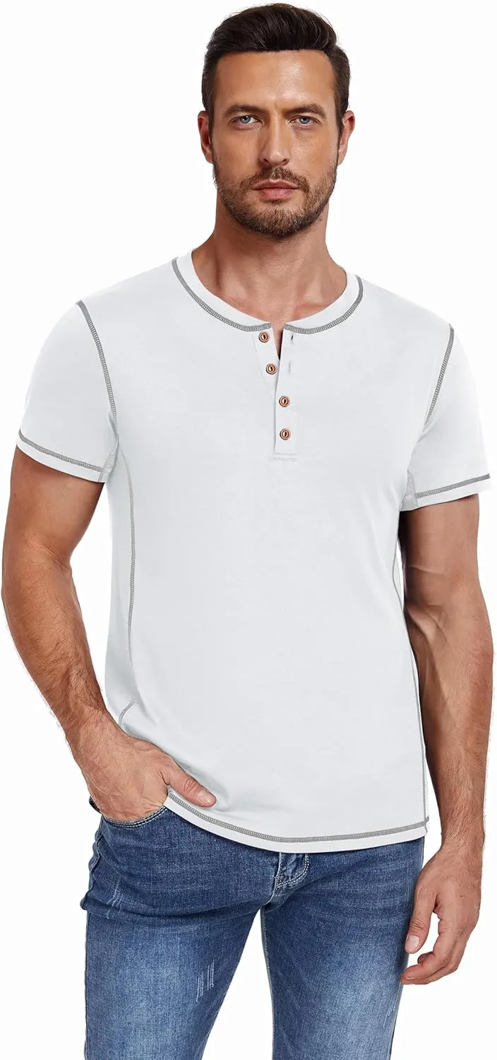 PEGENO Mens Fashion Henley Short Sleeve T-Shirt Casual Shirt Contrast Stitching Tees Tops
