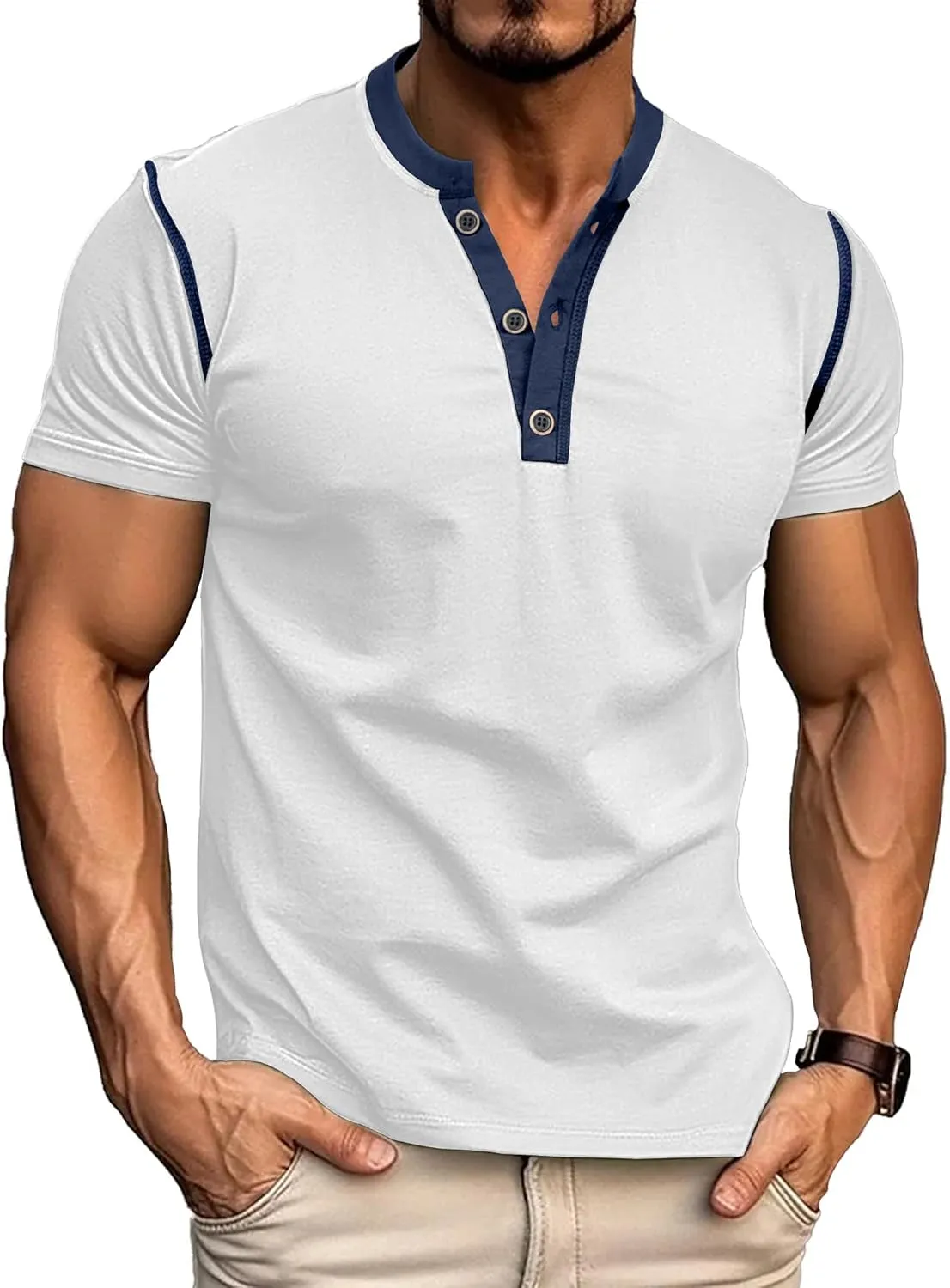 PLEPAN Mens Henley Shirts Crewneck Short Sleeve Casual Cotton T-Shirts with Contrast Color Collar