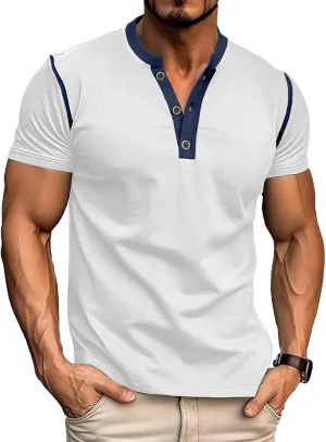 PLEPAN Mens Henley Shirts Crewneck Short Sleeve Casual Cotton T-Shirts with Contrast Color Collar